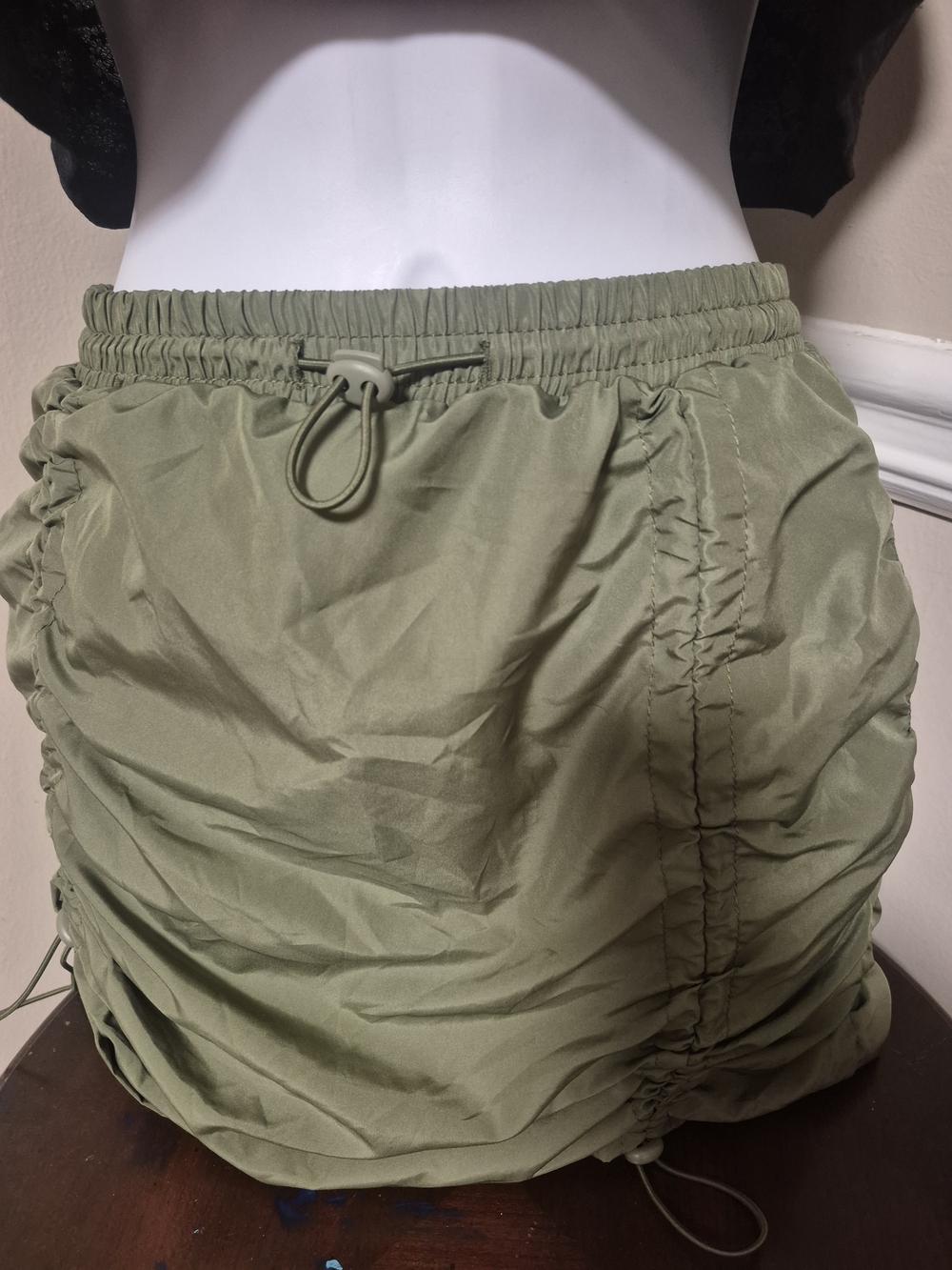 Adjustable Olive Green Ruched Mini Skirt